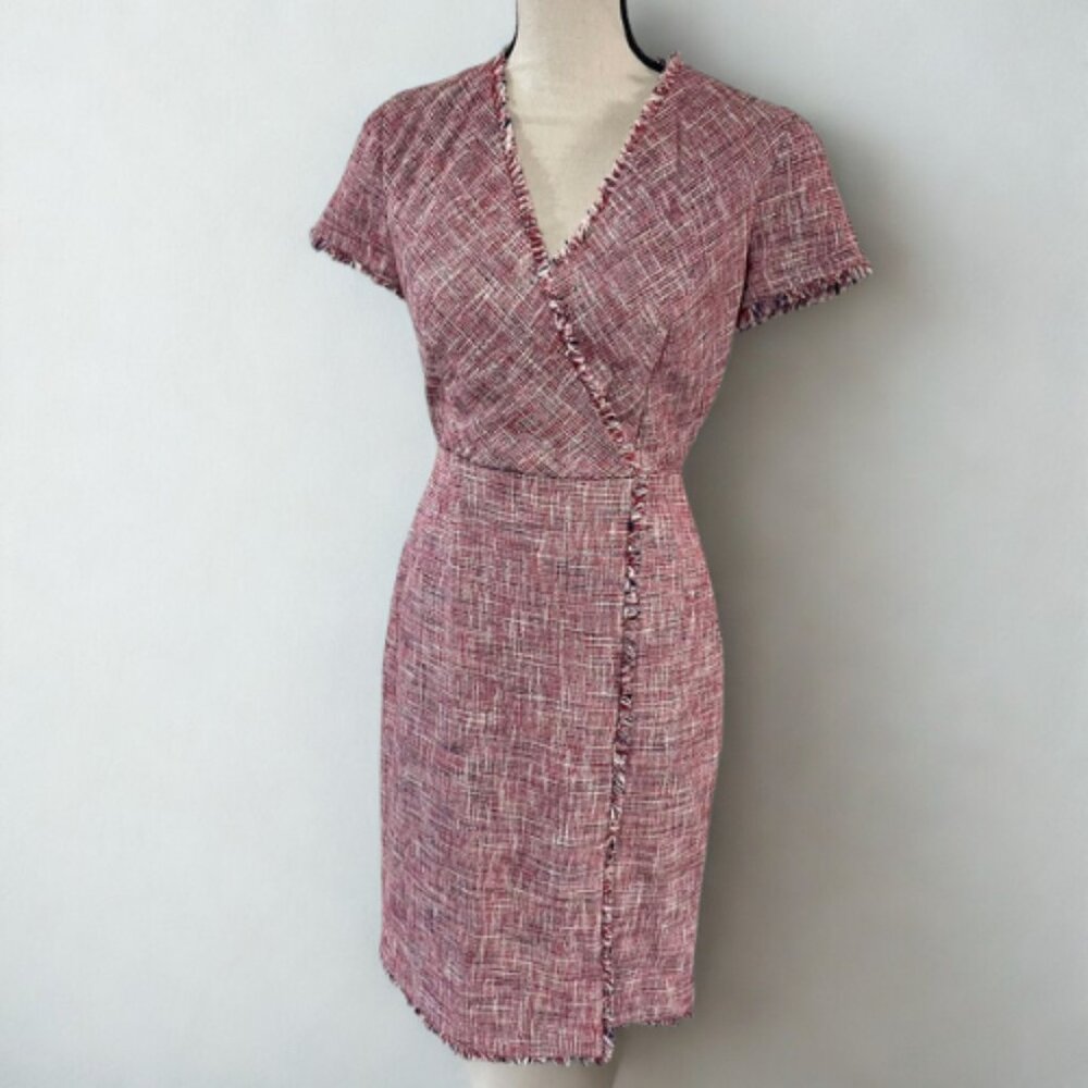 Banana Republic NWOT Tweed Wrap Dress - Size 2 - Pink Multi - Frayed Trim Casual